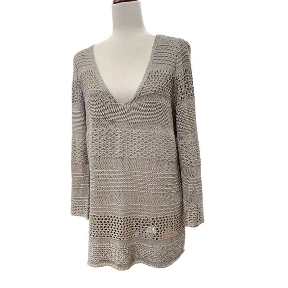 H&M Taupe Mixed Open-Knit Long Sleeve Sweater Tunic Lightweight Size M - Picture 8 of 8